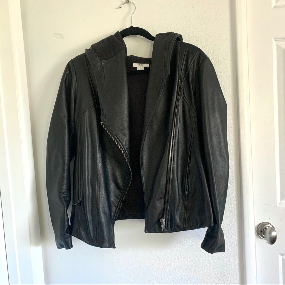 Helmet Lang black hooded leather jacket